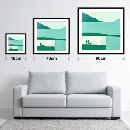 Glenridding Dog Walkers in Teal - size guide showing 40cm, 70cm and 90cm art prints