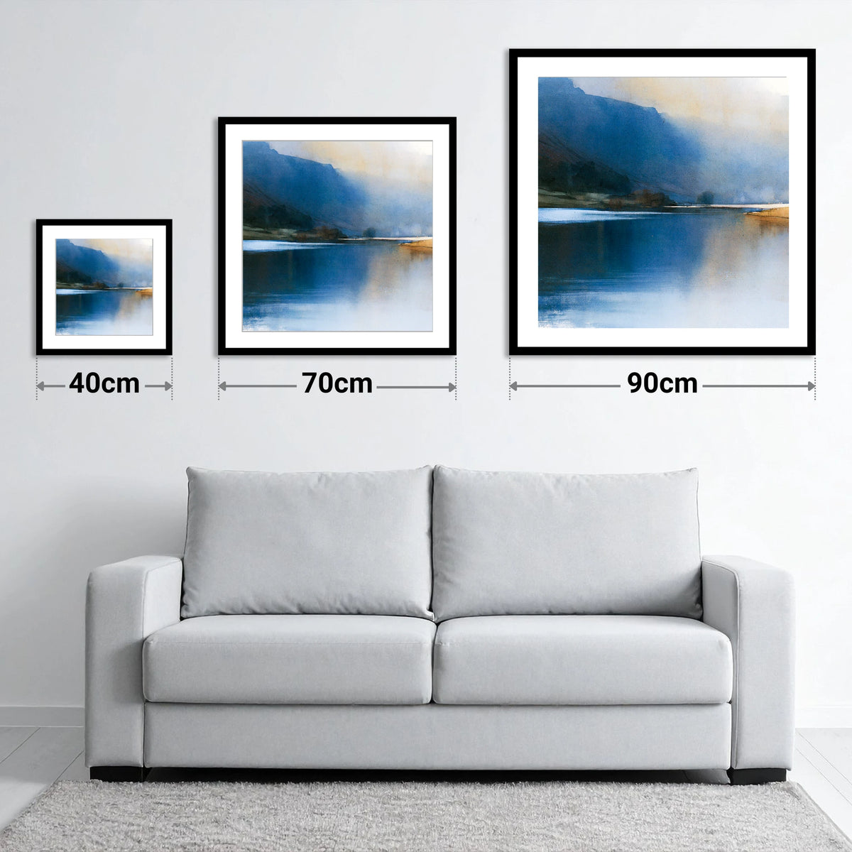 Indigo Fells and Lake Mist - size guide showing 40cm, 70cm and 90cm art prints