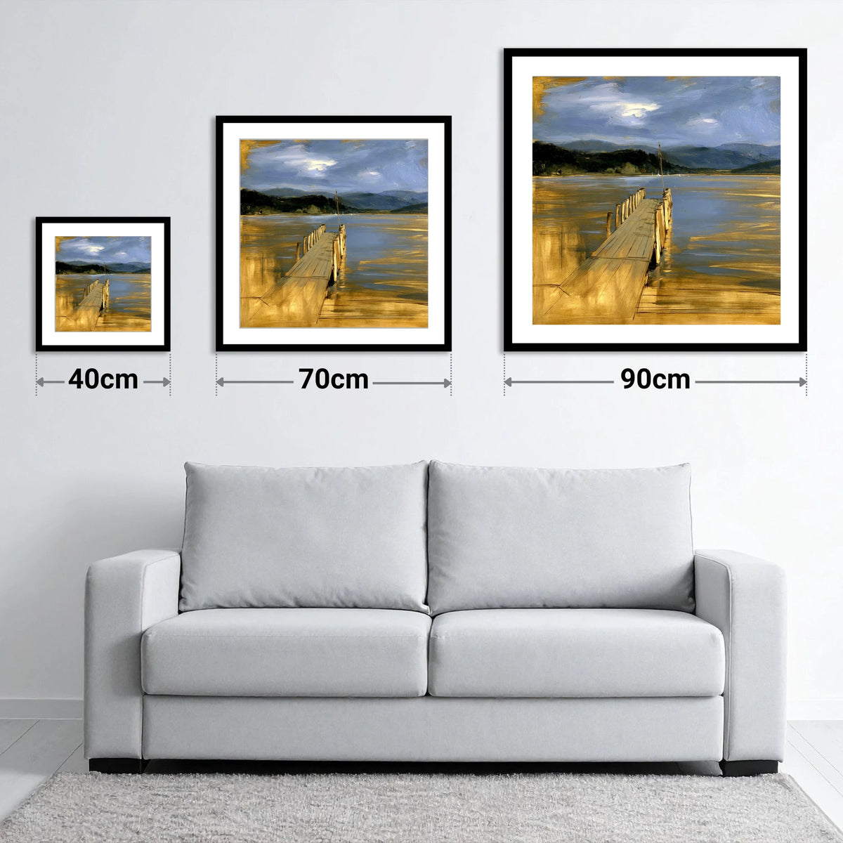 Waterhead Jetty Under Slate Skies - size guide showing 40cm, 70cm and 90cm art prints