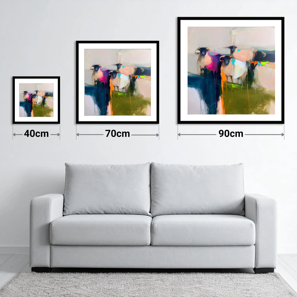 Colourful Abstract Herdwick Sheep - size guide showing 40cm, 70cm and 90cm art prints