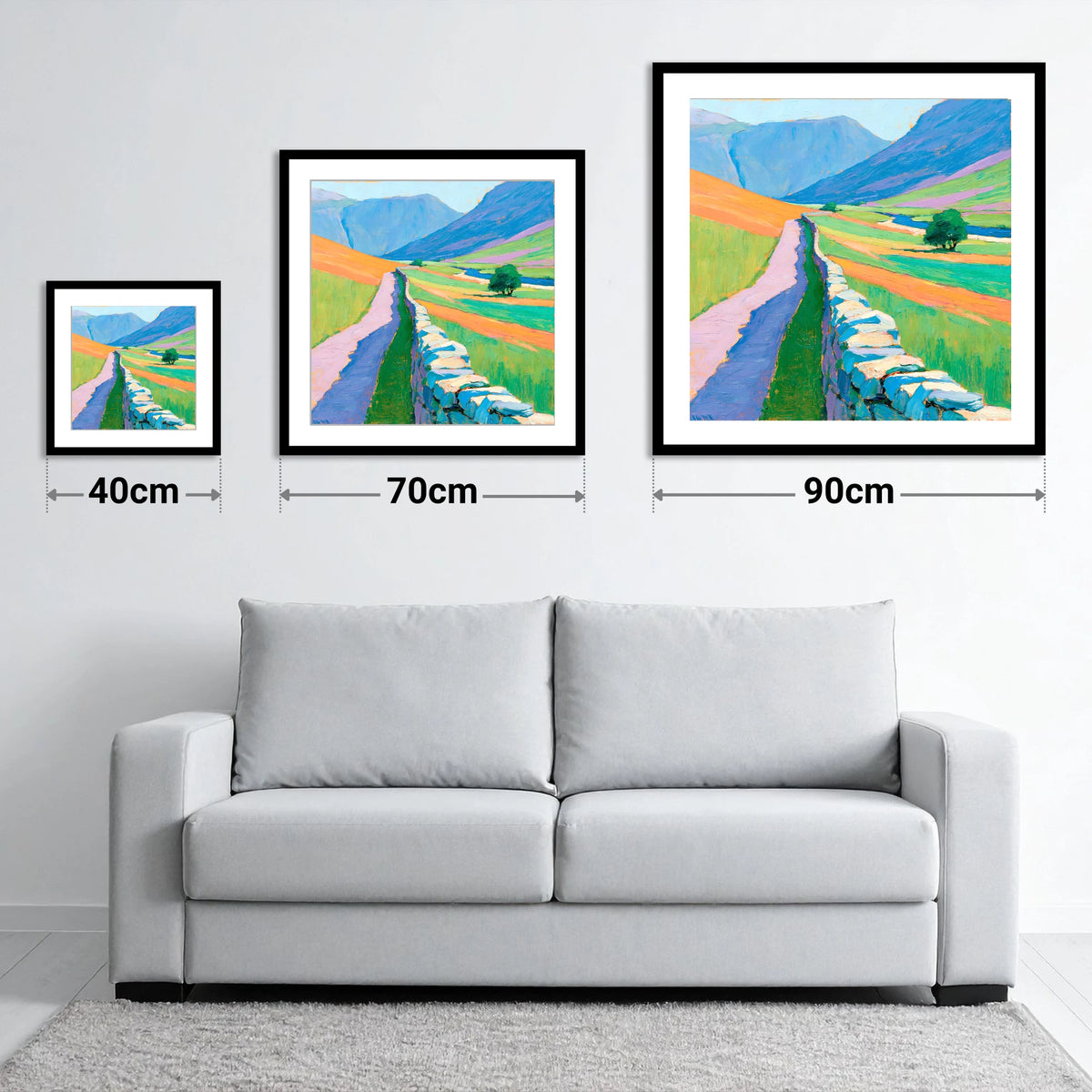 Drystone Wall Through Vivid Valley - size guide showing 40cm, 70cm and 90cm art prints