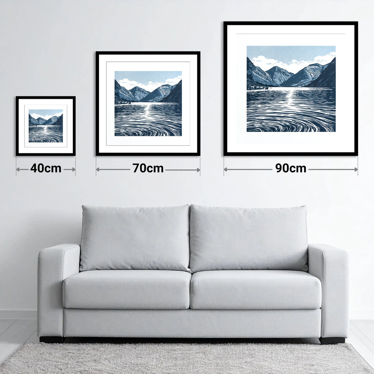 Wastwater Fells in Deep Navy - size guide showing 40cm, 70cm and 90cm art prints