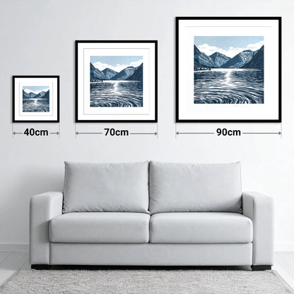 Wastwater Fells in Deep Navy - size guide showing 40cm, 70cm and 90cm art prints