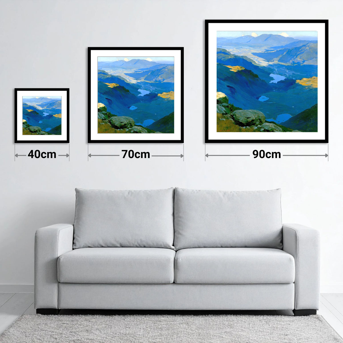 Summit View over Blue Tarns - size guide showing 40cm, 70cm and 90cm art prints