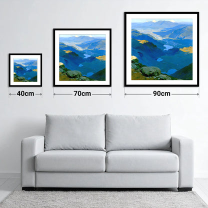Summit View over Blue Tarns - size guide showing 40cm, 70cm and 90cm art prints