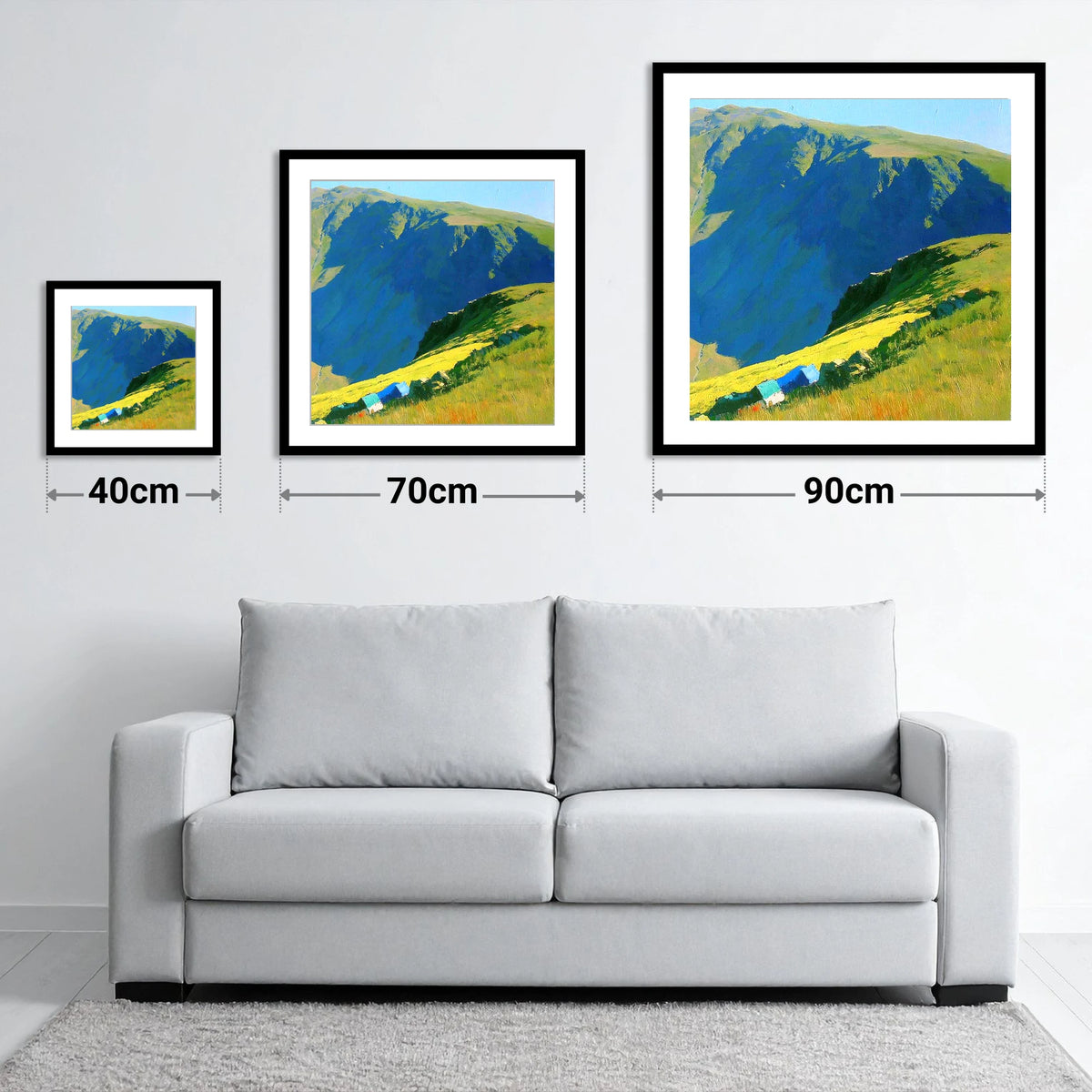 Summer Shadows at Dove Crag - size guide showing 40cm, 70cm and 90cm art prints