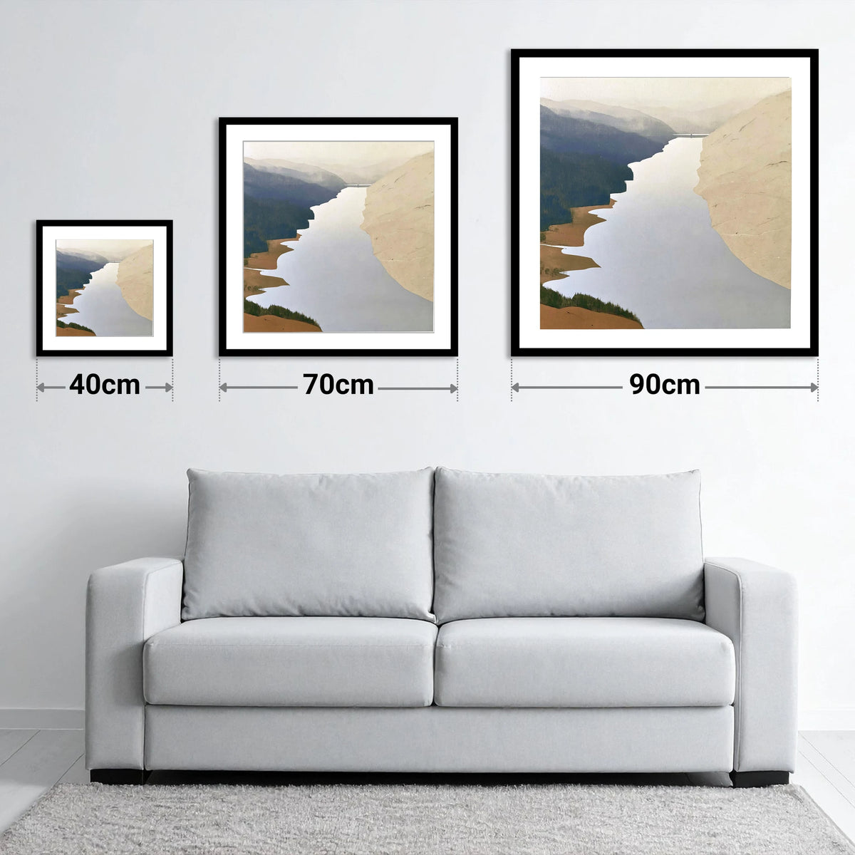 Thirlmere Reservoir and Steep Fells - size guide showing 40cm, 70cm and 90cm art prints