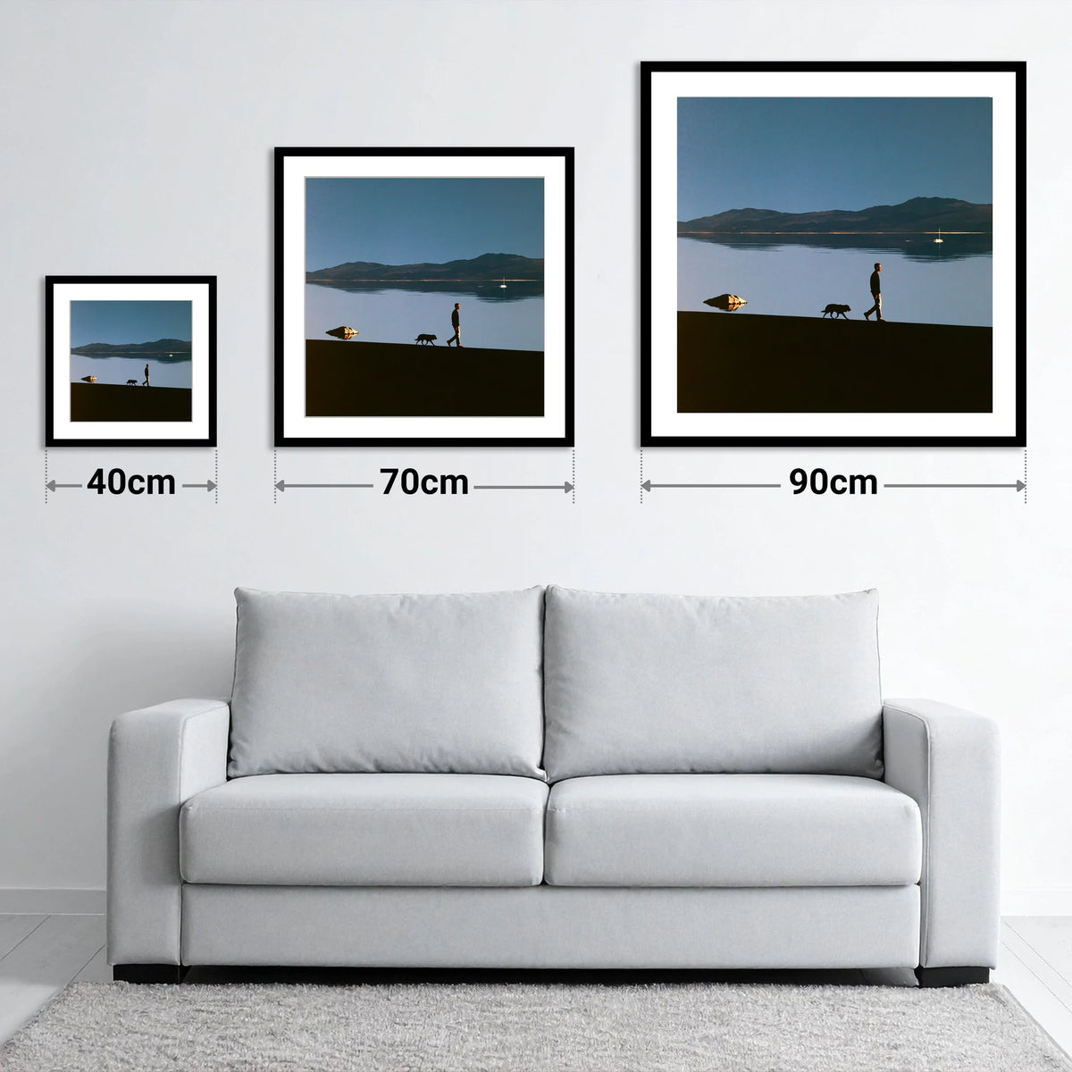 Windermere Dog Walk Silhouette - size guide showing 40cm, 70cm and 90cm art prints