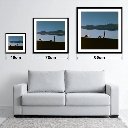 Windermere Dog Walk Silhouette - size guide showing 40cm, 70cm and 90cm art prints