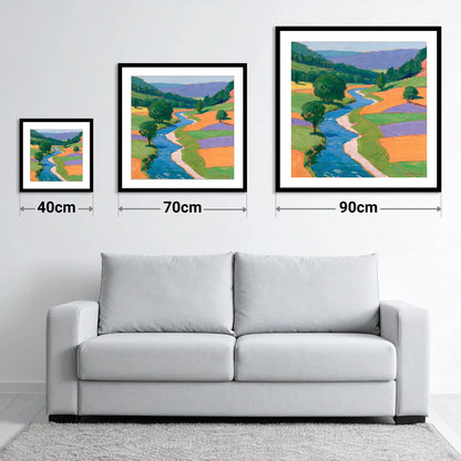 Electric Blue Winding River Valley - size guide showing 40cm, 70cm and 90cm art prints