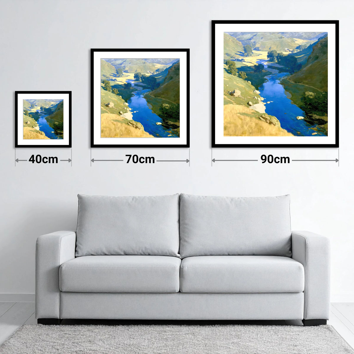 Vivid Blue Winding River Valley - size guide showing 40cm, 70cm and 90cm art prints