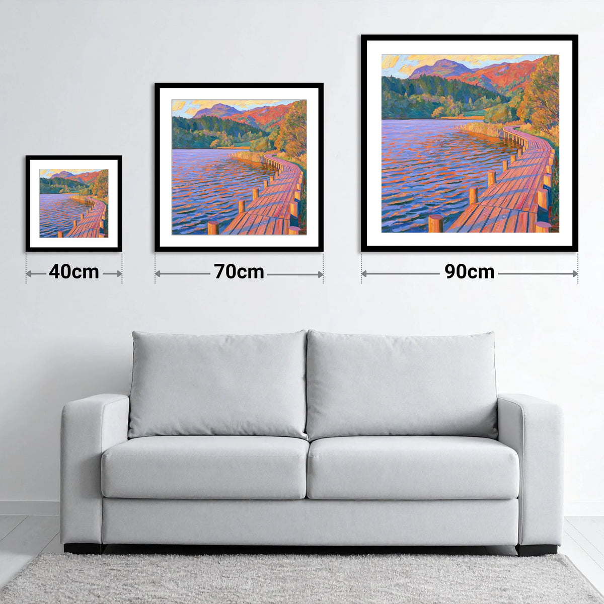Curving Boardwalk at Tarn Hows - size guide showing 40cm, 70cm and 90cm art prints