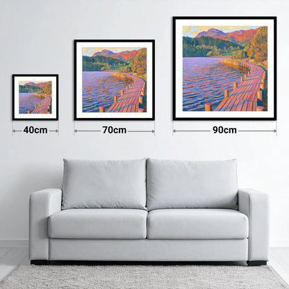 Curving Boardwalk at Tarn Hows - size guide showing 40cm, 70cm and 90cm art prints