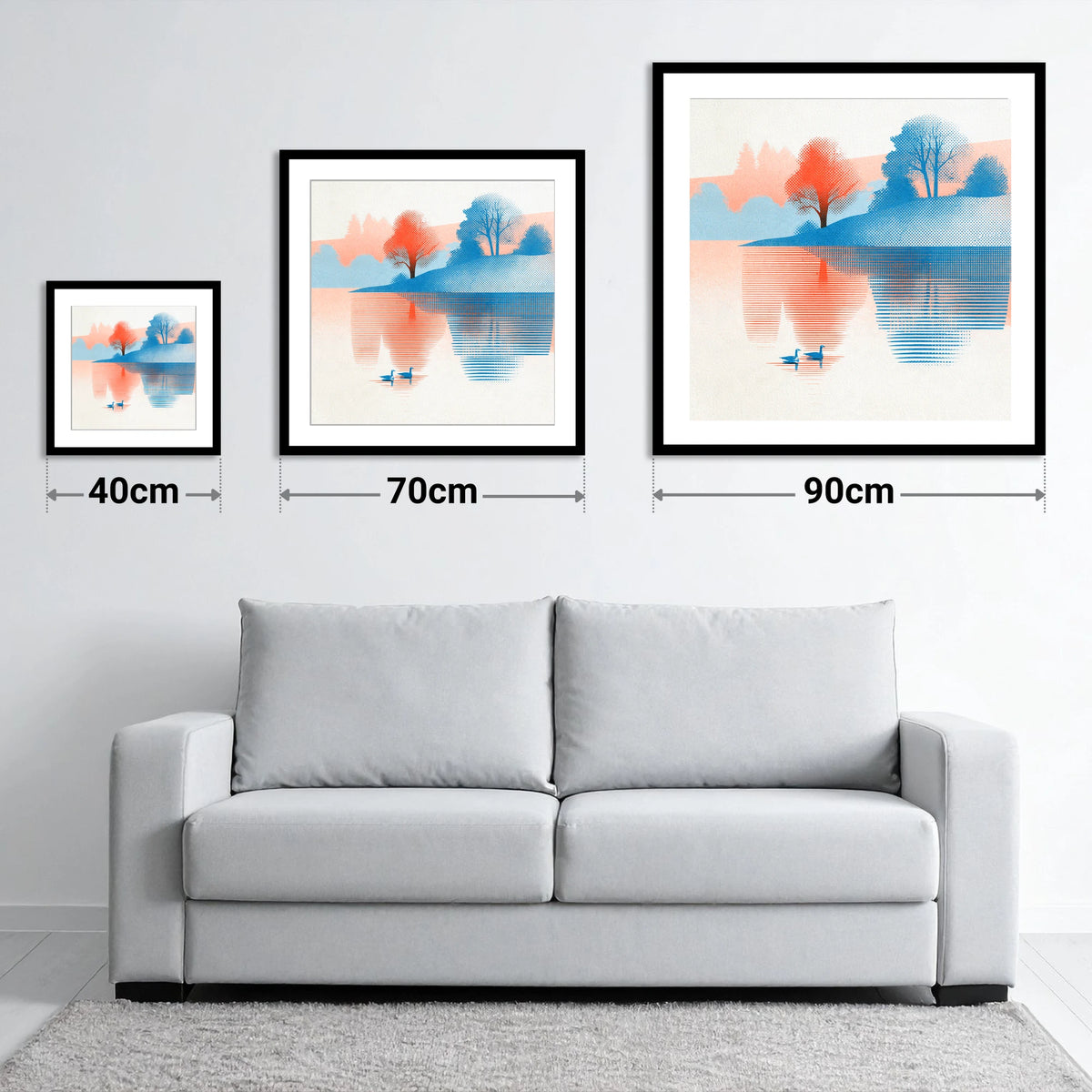 Still Lake at Coral Dawn - size guide showing 40cm, 70cm and 90cm art prints