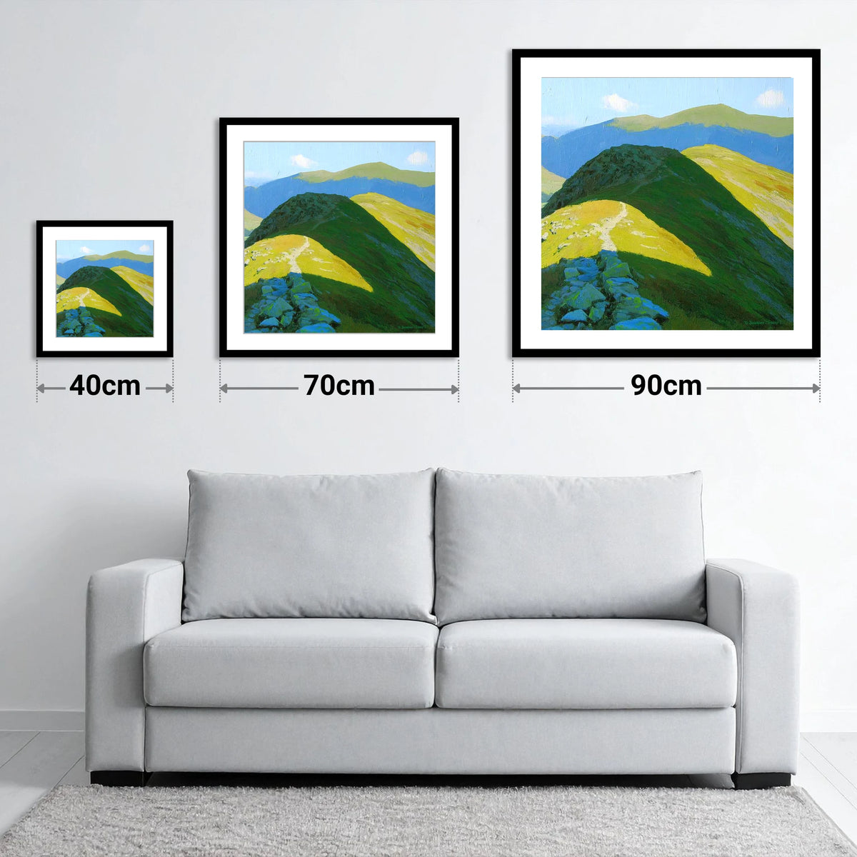 Sunlit Ridge to Cold Pike - size guide showing 40cm, 70cm and 90cm art prints