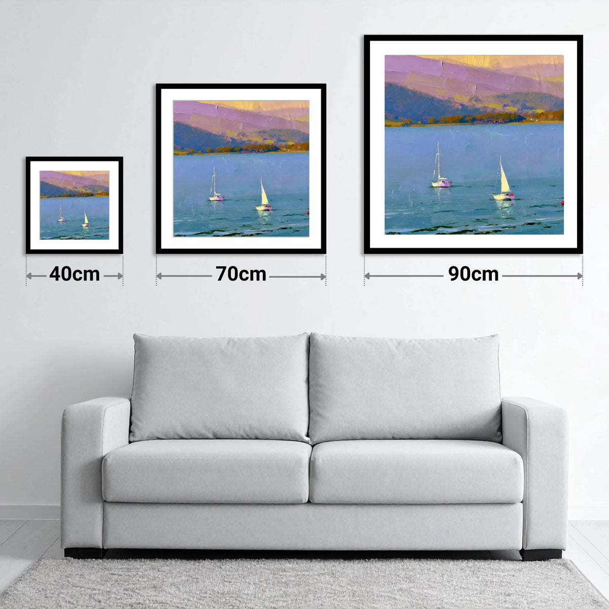 Windermere Sailboats against Lavender Fells - size guide showing 40cm, 70cm and 90cm art prints