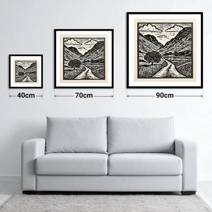 Monochrome Hardknott Pass Landscape - size guide showing 40cm, 70cm and 90cm art prints