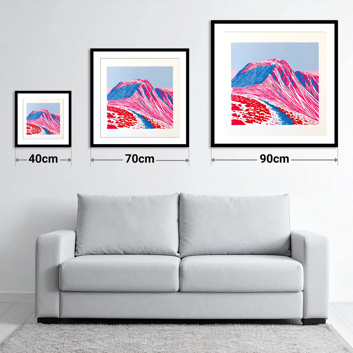 Vibrant Great Gable Peak - size guide showing 40cm, 70cm and 90cm art prints