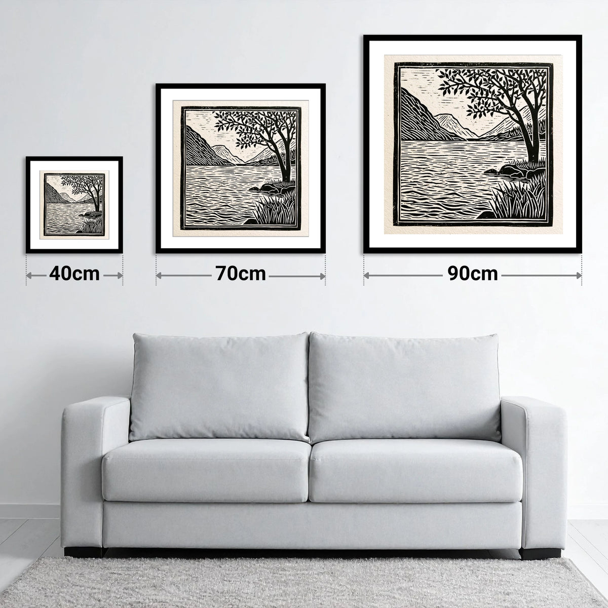 Graphic Lake Fells at Dawn - size guide showing 40cm, 70cm and 90cm art prints