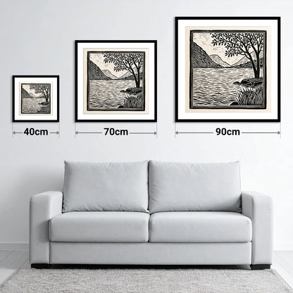 Graphic Lake Fells at Dawn - size guide showing 40cm, 70cm and 90cm art prints