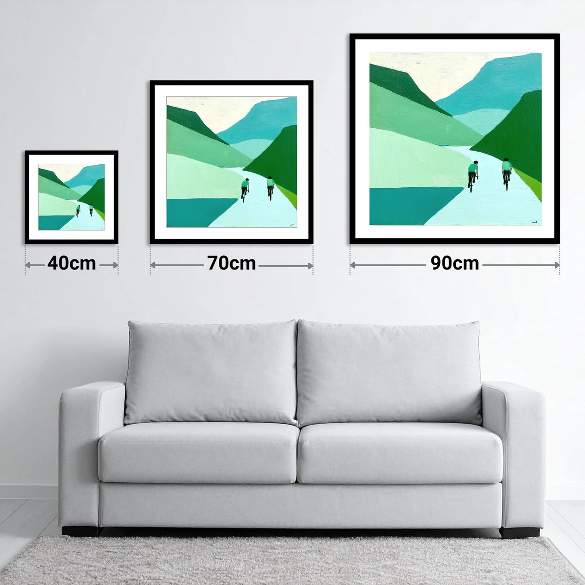 Cyclists Ascending Honister Pass - size guide showing 40cm, 70cm and 90cm art prints