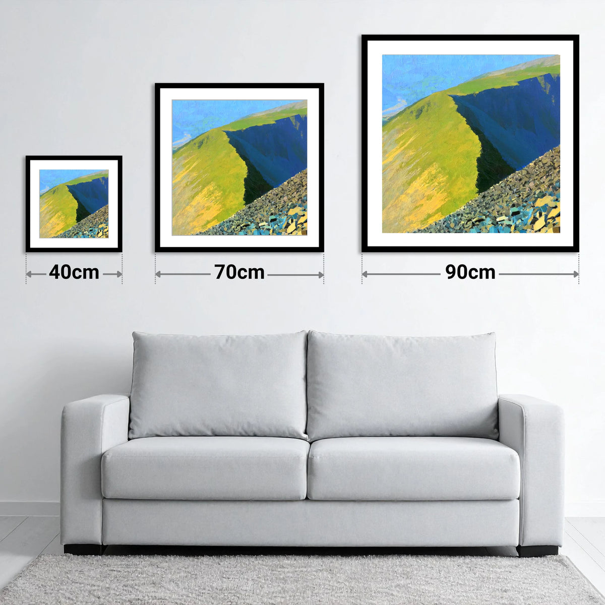 Long Side Ridge in Sunlight - size guide showing 40cm, 70cm and 90cm art prints