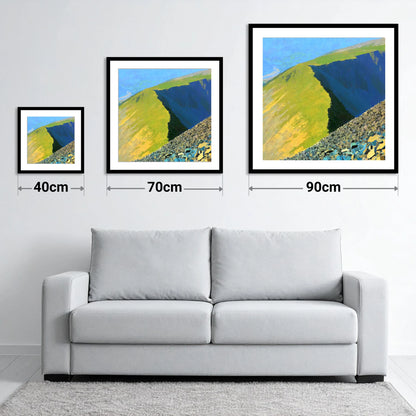 Long Side Ridge in Sunlight - size guide showing 40cm, 70cm and 90cm art prints