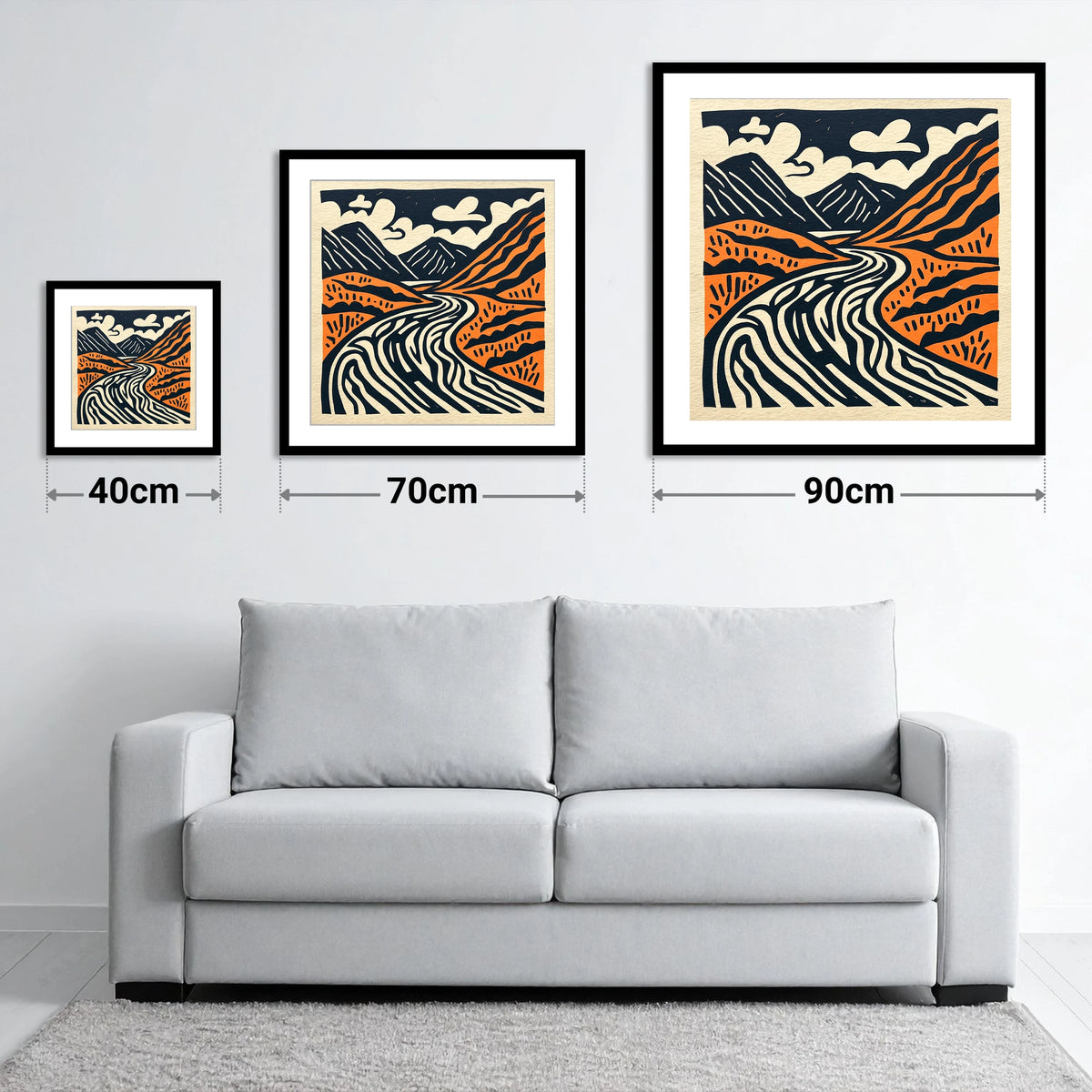 Bold Terracotta Kirkstone Pass - size guide showing 40cm, 70cm and 90cm art prints
