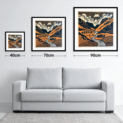Graphic Great Langdale Valley - size guide showing 40cm, 70cm and 90cm art prints
