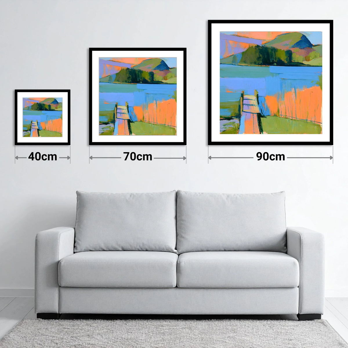 Vibrant Grasmere Wooden Jetty - size guide showing 40cm, 70cm and 90cm art prints