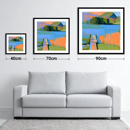 Vibrant Grasmere Wooden Jetty - size guide showing 40cm, 70cm and 90cm art prints