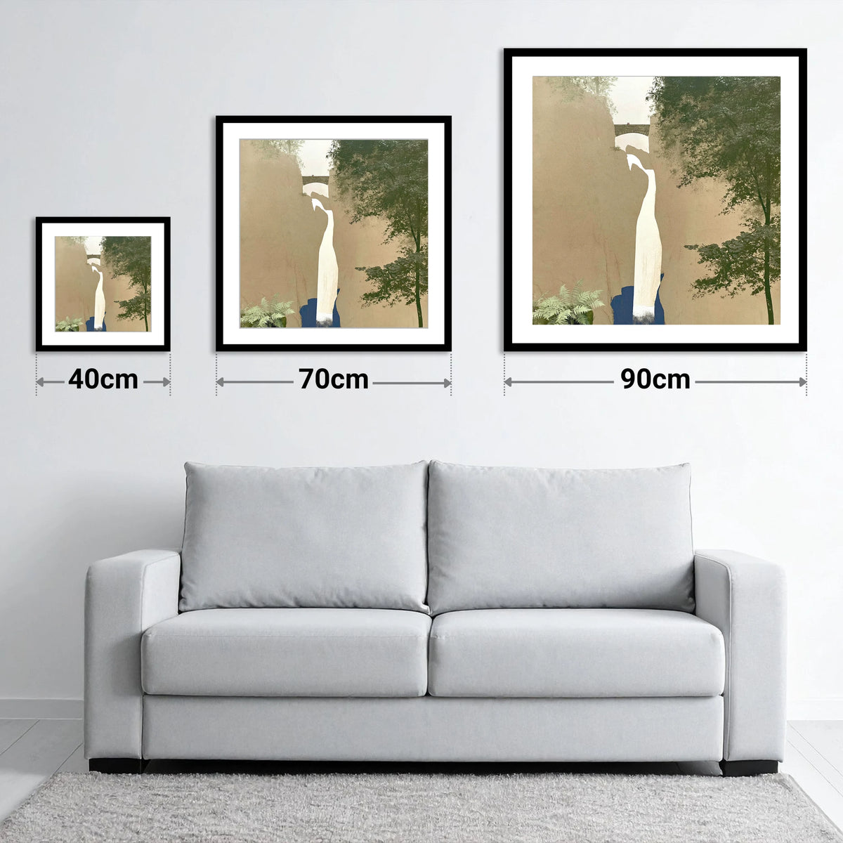 Aira Force Gorge and Bridge - size guide showing 40cm, 70cm and 90cm art prints