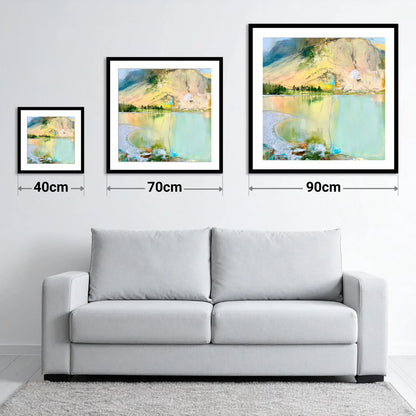 Curving Pebble Shore at Buttermere - size guide showing 40cm, 70cm and 90cm art prints