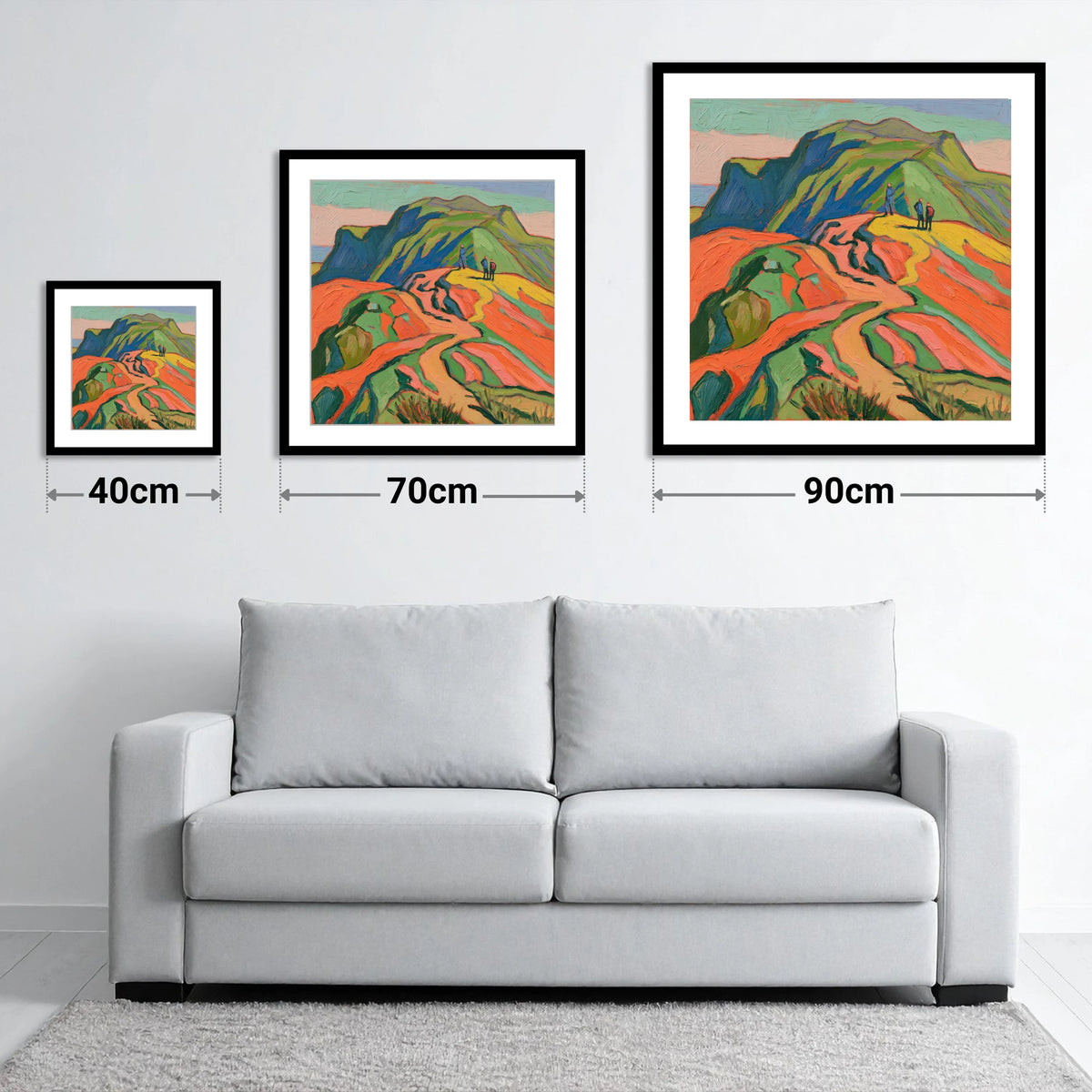 Vibrant Fell Walkers on the Ridge - size guide showing 40cm, 70cm and 90cm art prints