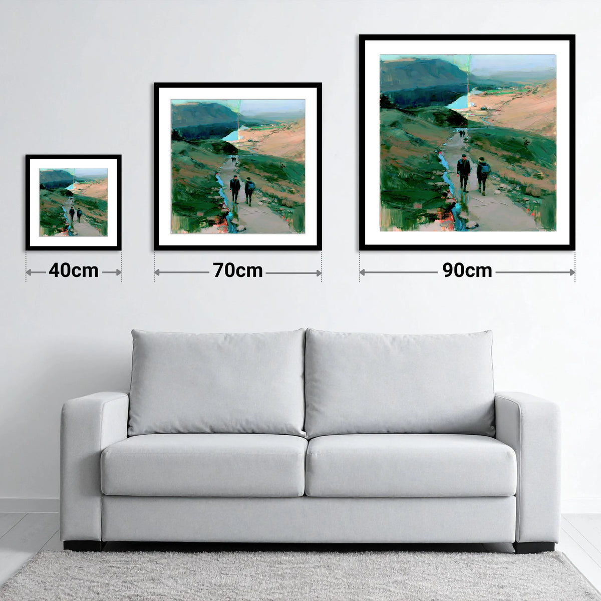 Mountain Hikers on the Fell Path - size guide showing 40cm, 70cm and 90cm art prints