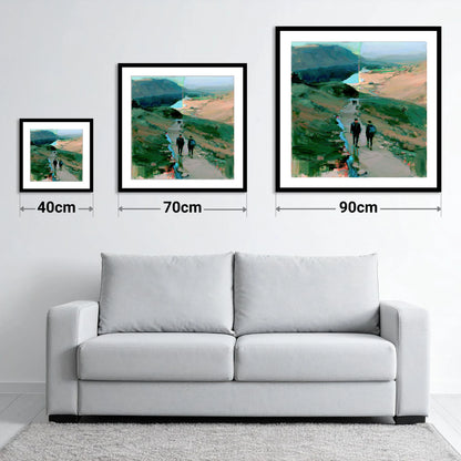 Mountain Hikers on the Fell Path - size guide showing 40cm, 70cm and 90cm art prints