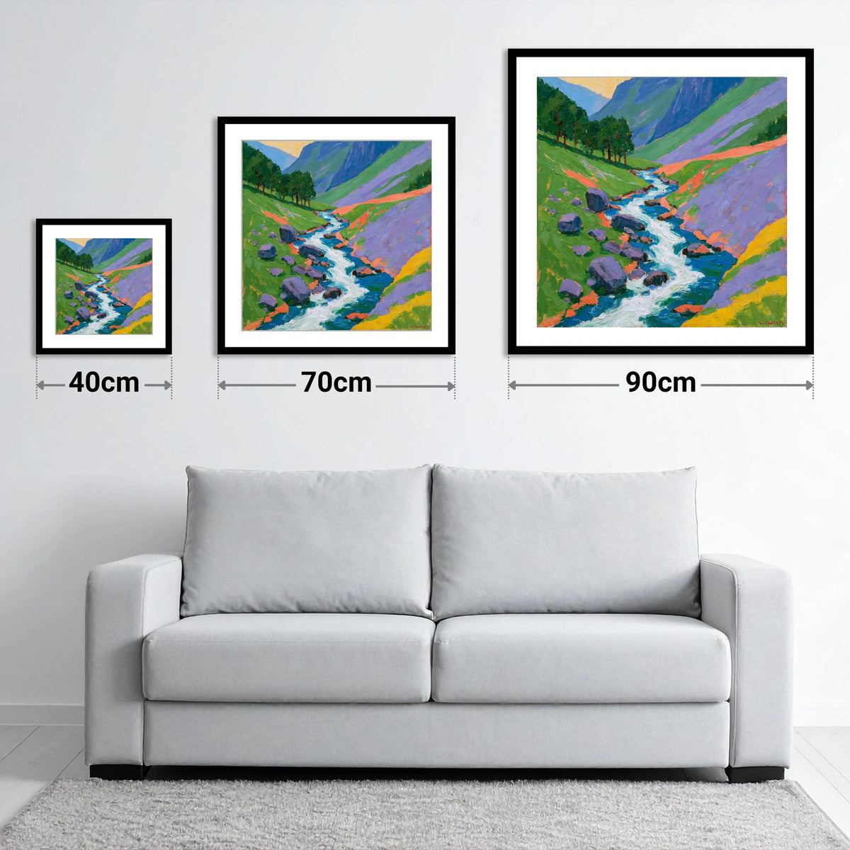 Vivid Rushing Fellside Beck - size guide showing 40cm, 70cm and 90cm art prints