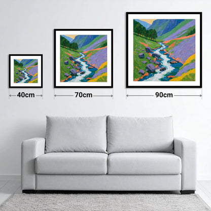 Vivid Rushing Fellside Beck - size guide showing 40cm, 70cm and 90cm art prints