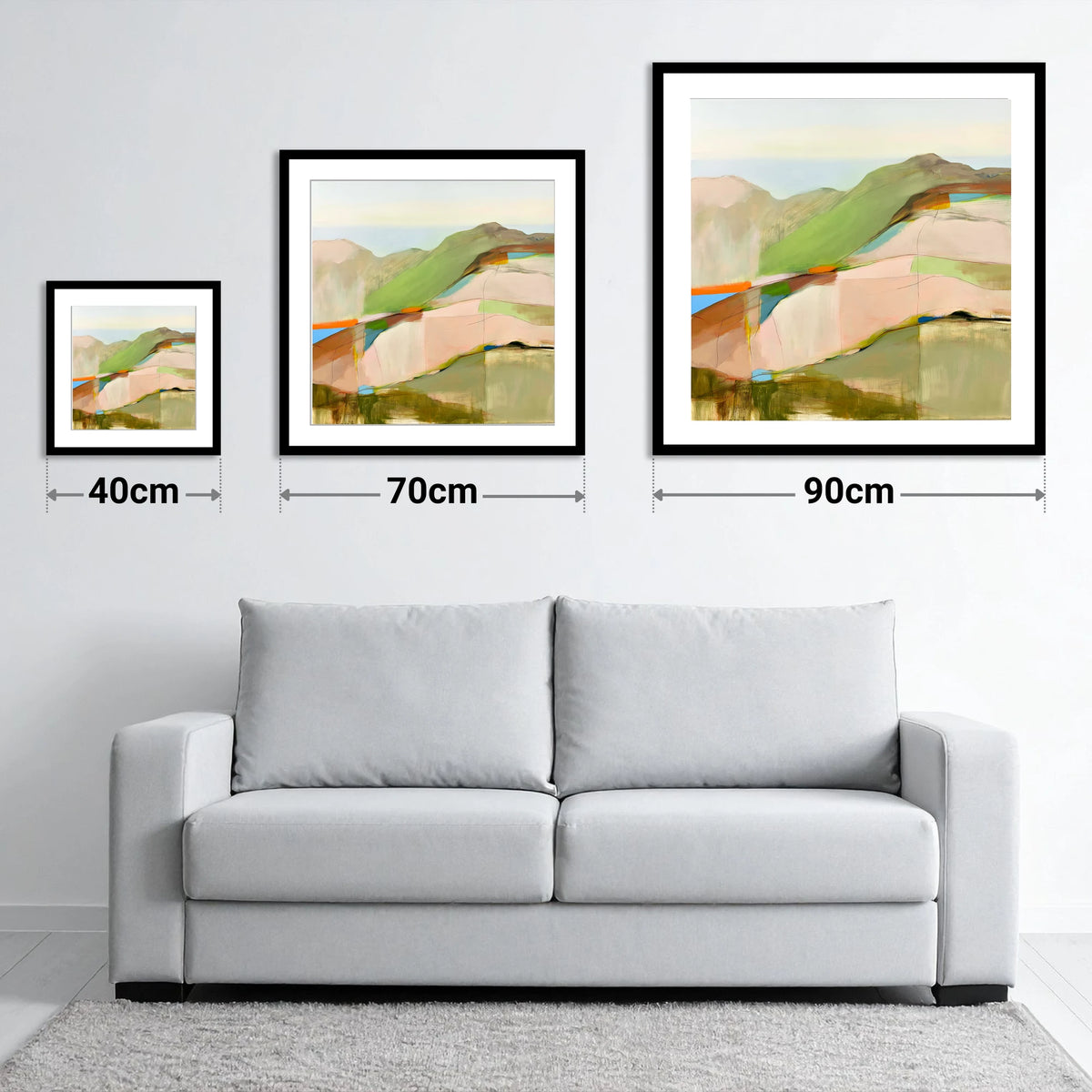 Contemporary Fell Summit View - size guide showing 40cm, 70cm and 90cm art prints