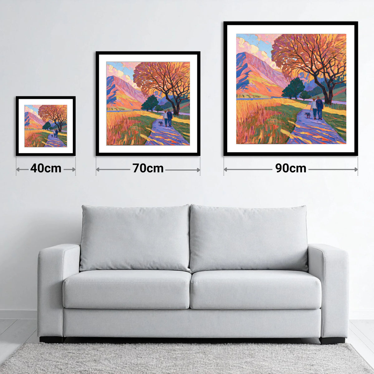 Autumn Dog Walk at Buttermere - size guide showing 40cm, 70cm and 90cm art prints
