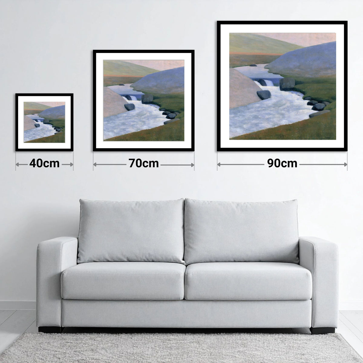 Rushing Beck in Pastel Fells - size guide showing 40cm, 70cm and 90cm art prints