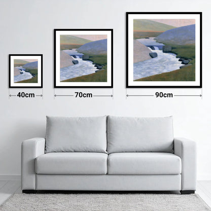 Rushing Beck in Pastel Fells - size guide showing 40cm, 70cm and 90cm art prints