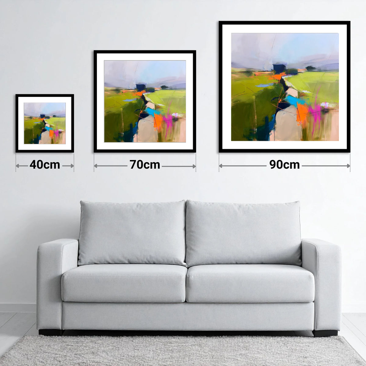 Vivid Valley Drystone Wall - size guide showing 40cm, 70cm and 90cm art prints