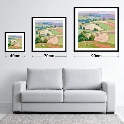 Pastel Fields in a Lakeland Dale - size guide showing 40cm, 70cm and 90cm art prints
