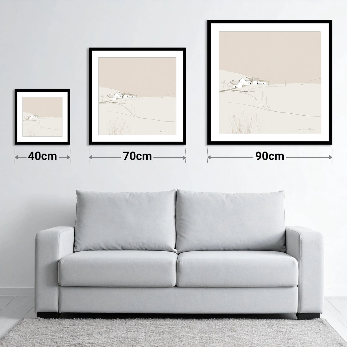Minimalist White Lakeside Village - size guide showing 40cm, 70cm and 90cm art prints