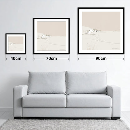 Minimalist White Lakeside Village - size guide showing 40cm, 70cm and 90cm art prints