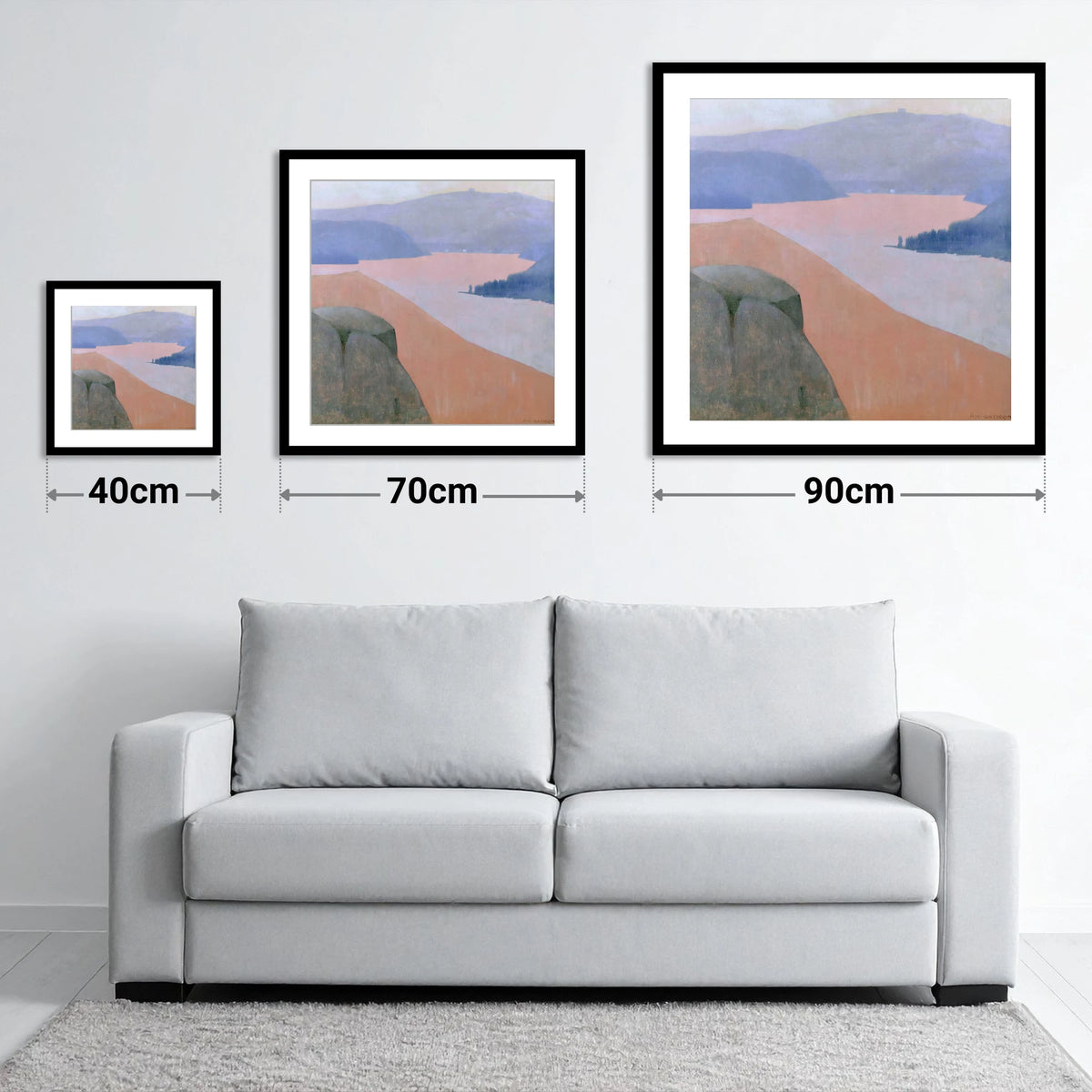 Pastel Ullswater from Gowbarrow Fell - size guide showing 40cm, 70cm and 90cm art prints