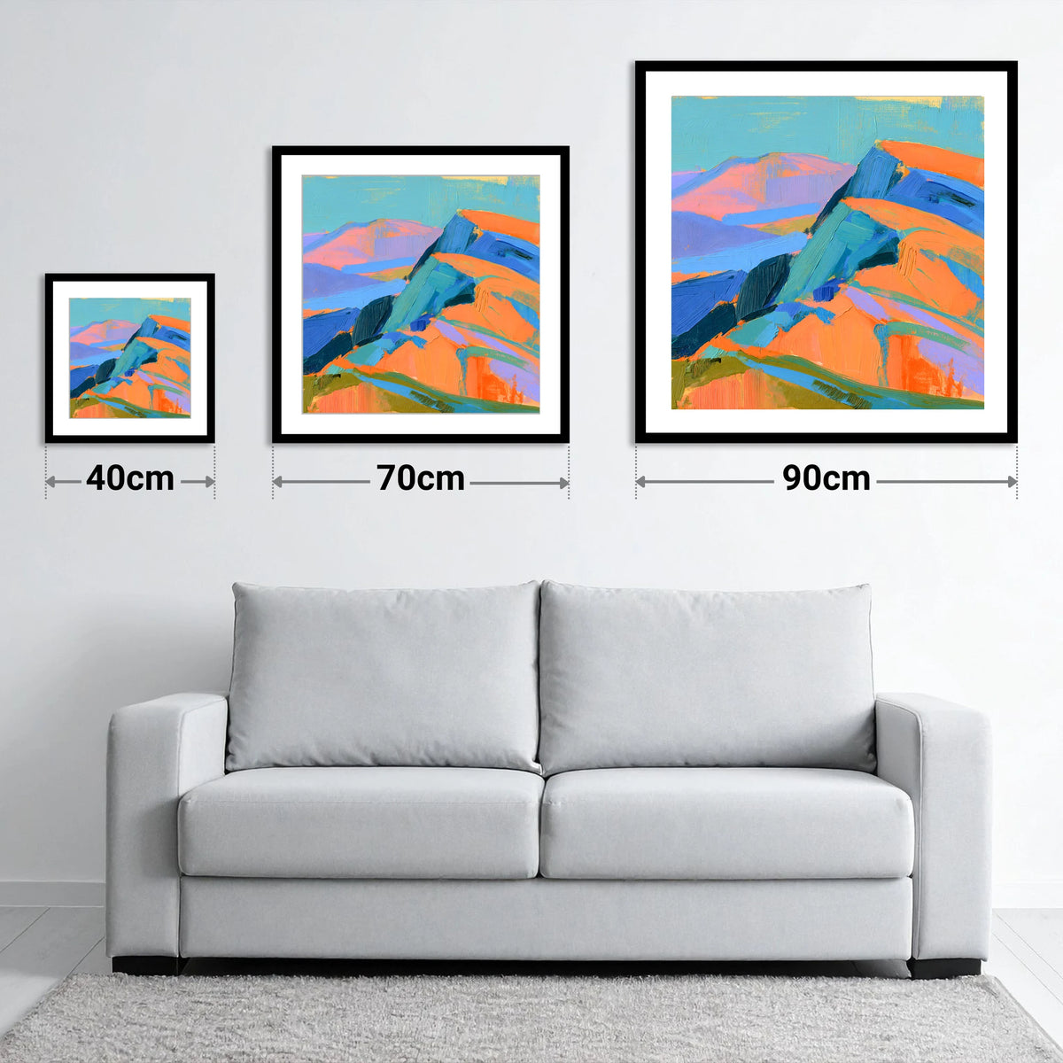 Bright Orange Fell Summit - size guide showing 40cm, 70cm and 90cm art prints