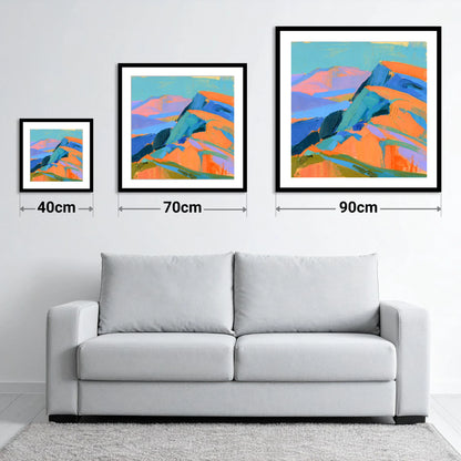 Bright Orange Fell Summit - size guide showing 40cm, 70cm and 90cm art prints