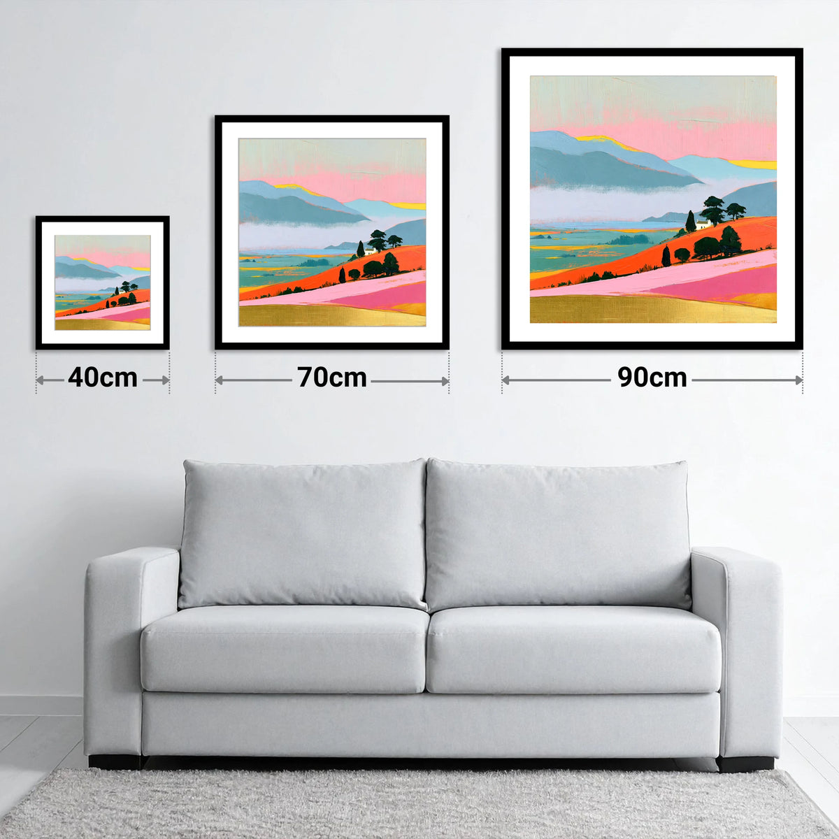 Vibrant Morning Valley Mist - size guide showing 40cm, 70cm and 90cm art prints